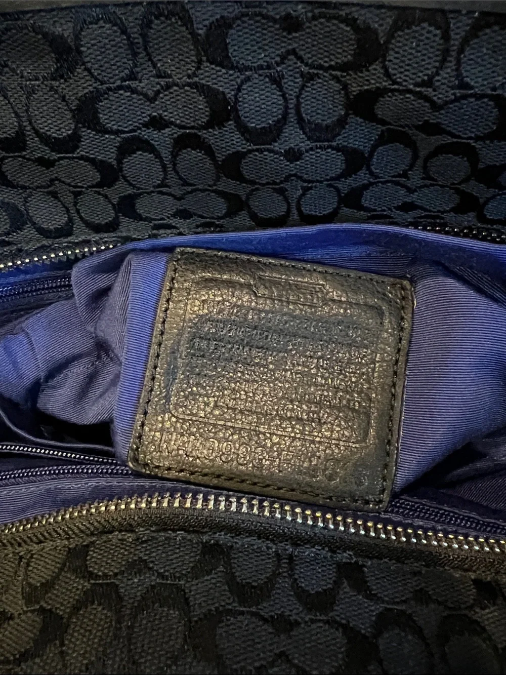 Coach Signature Stripe Multifunction Diaper Tote Bag Black Canvas Blue Interior
